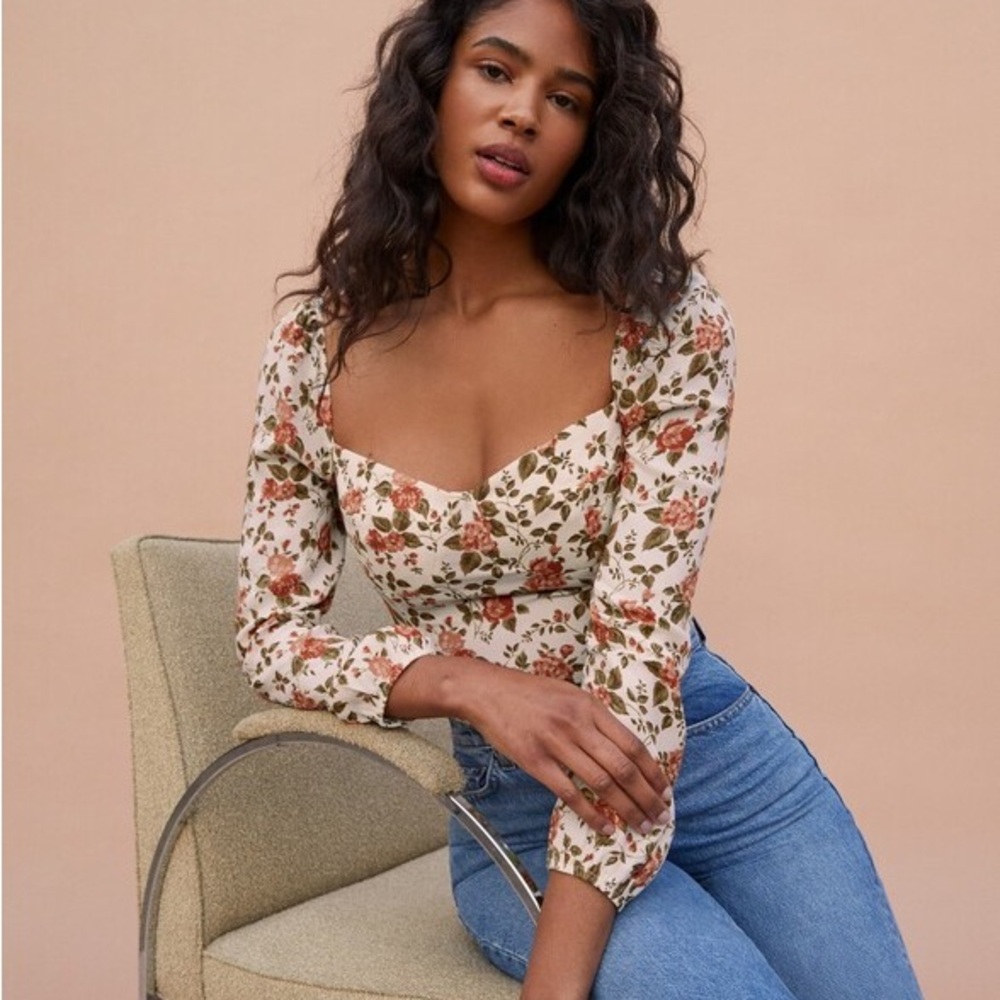 Reformation Cream Floral Sweetheart Long-Sleeve Top